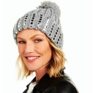 DKNY Grey Flat-Stud Metallic Rib-Knit Beanie, One Size NWT